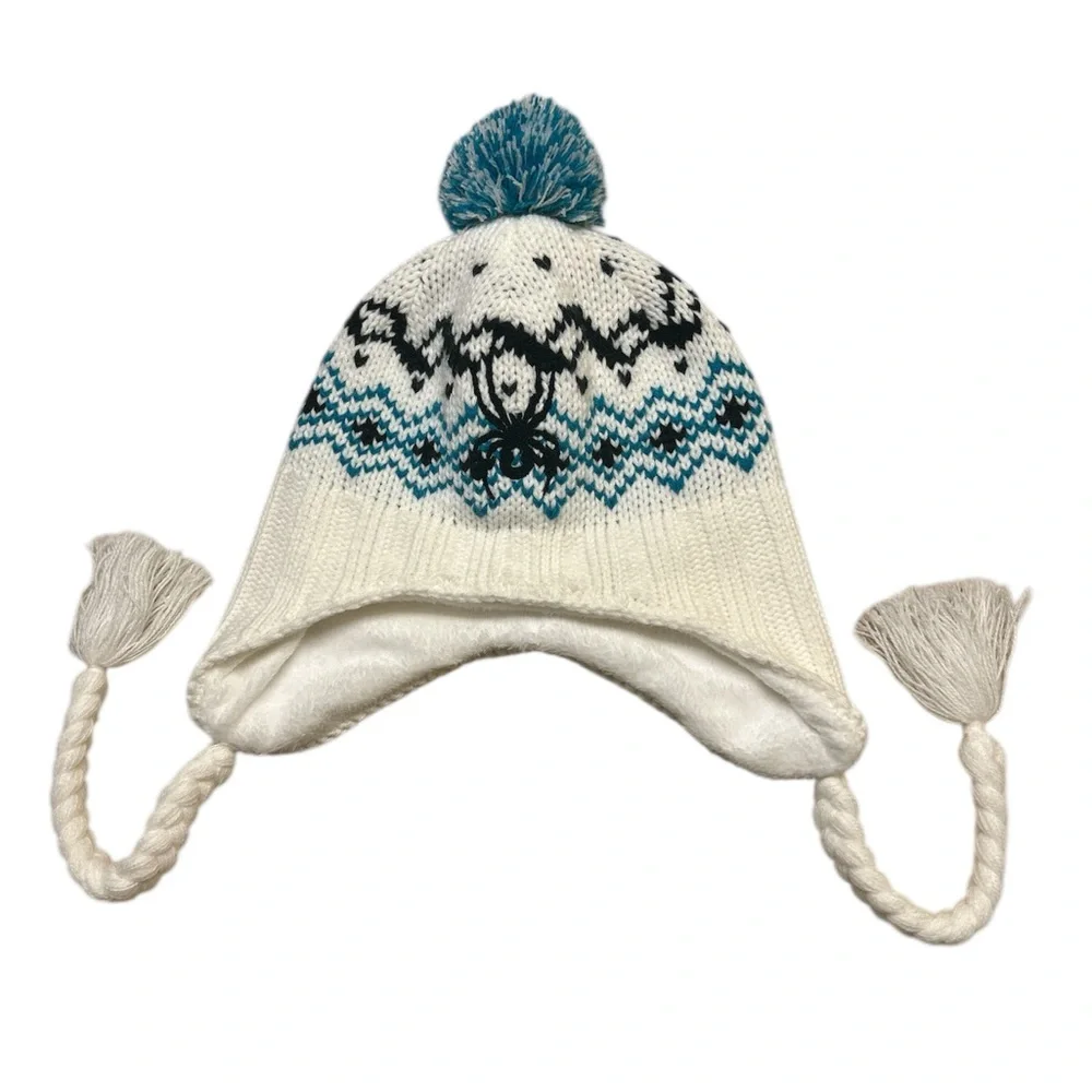 Spyder White and Blue Knit Trapper Hat with Earflaps